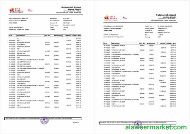 Bangladesh City Bank statement of account Word and PDF template, 2 pages